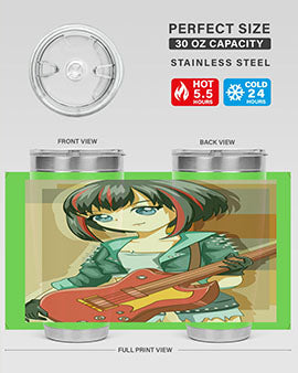 Beautiful rock girl with bass guitar design on a stainless steel tumbler, showcasing vibrant colors and artistic details.
