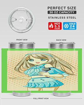 A stylish tumbler featuring a beautiful singer woman in a blue dress, showcasing its double wall vacuum stainless steel design.