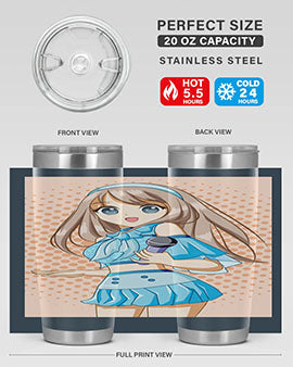 A stylish tumbler featuring a beautiful singer woman in a blue dress, showcasing its double wall vacuum stainless steel design.