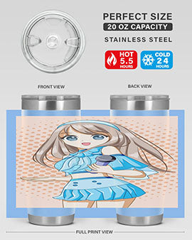 A stylish tumbler featuring a beautiful singer woman in a blue dress, showcasing its double wall vacuum stainless steel design.