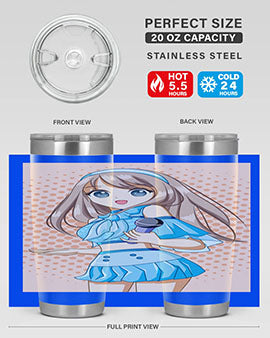 A stylish tumbler featuring a beautiful singer woman in a blue dress, showcasing its double wall vacuum stainless steel design.