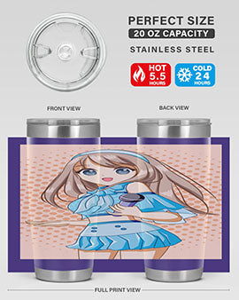 A stylish tumbler featuring a beautiful singer woman in a blue dress, showcasing its double wall vacuum stainless steel design.