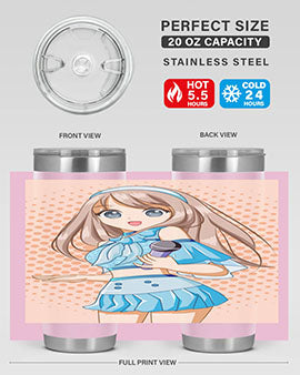 A stylish tumbler featuring a beautiful singer woman in a blue dress, showcasing its double wall vacuum stainless steel design.