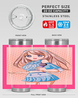 A stylish tumbler featuring a beautiful singer woman in a blue dress, showcasing its double wall vacuum stainless steel design.