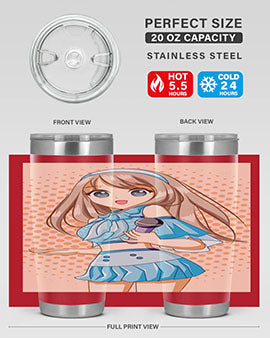 A stylish tumbler featuring a beautiful singer woman in a blue dress, showcasing its double wall vacuum stainless steel design.