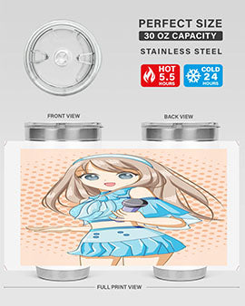 A stylish tumbler featuring a beautiful singer woman in a blue dress, showcasing its double wall vacuum stainless steel design.