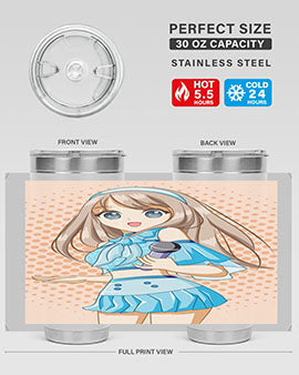 A stylish tumbler featuring a beautiful singer woman in a blue dress, showcasing its double wall vacuum stainless steel design.