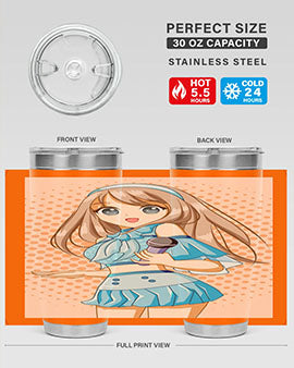 A stylish tumbler featuring a beautiful singer woman in a blue dress, showcasing its double wall vacuum stainless steel design.