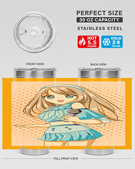 A stylish tumbler featuring a beautiful singer woman in a blue dress, showcasing its double wall vacuum stainless steel design.