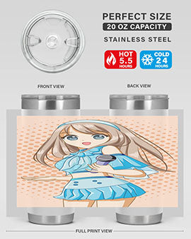 A stylish tumbler featuring a beautiful singer woman in a blue dress, showcasing its double wall vacuum stainless steel design.