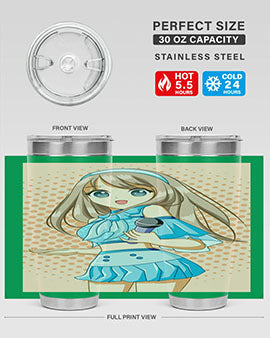 A stylish tumbler featuring a beautiful singer woman in a blue dress, showcasing its double wall vacuum stainless steel design.