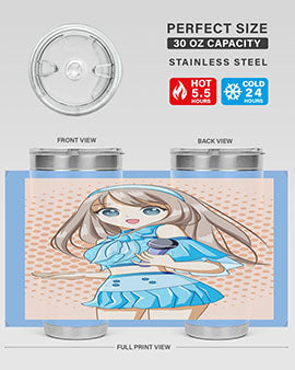 A stylish tumbler featuring a beautiful singer woman in a blue dress, showcasing its double wall vacuum stainless steel design.