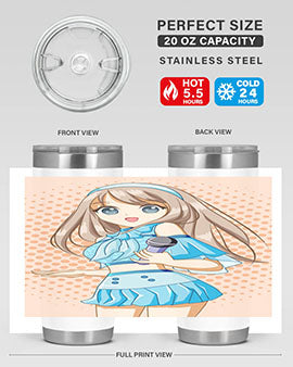 A stylish tumbler featuring a beautiful singer woman in a blue dress, showcasing its double wall vacuum stainless steel design.