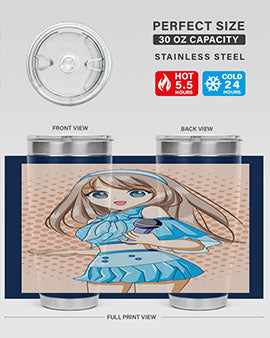 A stylish tumbler featuring a beautiful singer woman in a blue dress, showcasing its double wall vacuum stainless steel design.
