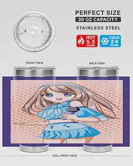 A stylish tumbler featuring a beautiful singer woman in a blue dress, showcasing its double wall vacuum stainless steel design.