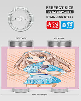 A stylish tumbler featuring a beautiful singer woman in a blue dress, showcasing its double wall vacuum stainless steel design.