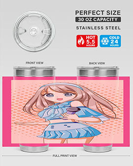 A stylish tumbler featuring a beautiful singer woman in a blue dress, showcasing its double wall vacuum stainless steel design.