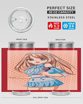 A stylish tumbler featuring a beautiful singer woman in a blue dress, showcasing its double wall vacuum stainless steel design.