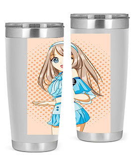A stylish tumbler featuring a beautiful singer woman in a blue dress, showcasing its double wall vacuum stainless steel design.