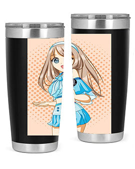 A stylish tumbler featuring a beautiful singer woman in a blue dress, showcasing its double wall vacuum stainless steel design.