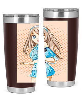 A stylish tumbler featuring a beautiful singer woman in a blue dress, showcasing its double wall vacuum stainless steel design.