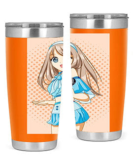 A stylish tumbler featuring a beautiful singer woman in a blue dress, showcasing its double wall vacuum stainless steel design.