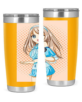 A stylish tumbler featuring a beautiful singer woman in a blue dress, showcasing its double wall vacuum stainless steel design.