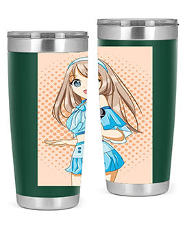 A stylish tumbler featuring a beautiful singer woman in a blue dress, showcasing its double wall vacuum stainless steel design.