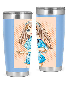 A stylish tumbler featuring a beautiful singer woman in a blue dress, showcasing its double wall vacuum stainless steel design.
