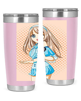 A stylish tumbler featuring a beautiful singer woman in a blue dress, showcasing its double wall vacuum stainless steel design.