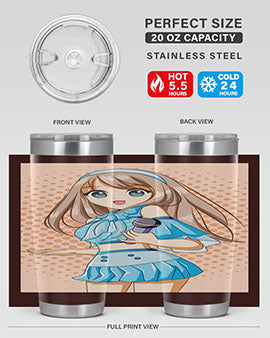 A stylish tumbler featuring a beautiful singer woman in a blue dress, showcasing its double wall vacuum stainless steel design.