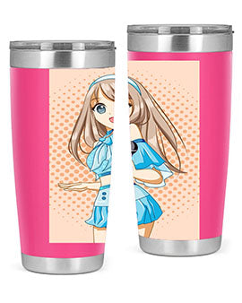 A stylish tumbler featuring a beautiful singer woman in a blue dress, showcasing its double wall vacuum stainless steel design.