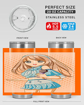 A stylish tumbler featuring a beautiful singer woman in a blue dress, showcasing its double wall vacuum stainless steel design.