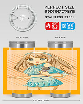 A stylish tumbler featuring a beautiful singer woman in a blue dress, showcasing its double wall vacuum stainless steel design.