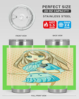 A stylish tumbler featuring a beautiful singer woman in a blue dress, showcasing its double wall vacuum stainless steel design.