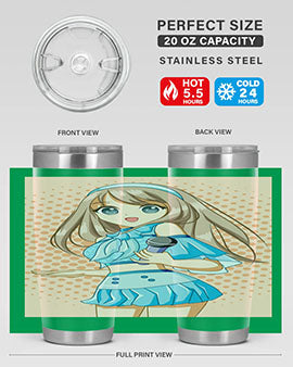 A stylish tumbler featuring a beautiful singer woman in a blue dress, showcasing its double wall vacuum stainless steel design.