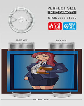 Beautiful Teacher Girl Anime Tumbler showcasing vibrant design and stainless steel construction, perfect for hot and cold beverages.