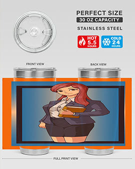 Beautiful Teacher Girl Anime Tumbler showcasing vibrant design and stainless steel construction, perfect for hot and cold beverages.