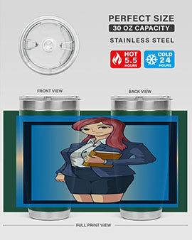 Beautiful Teacher Girl Anime Tumbler showcasing vibrant design and stainless steel construction, perfect for hot and cold beverages.