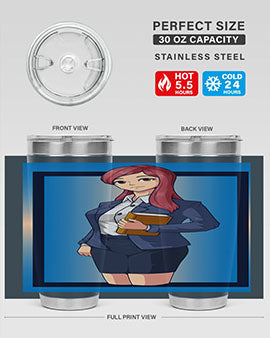 Beautiful Teacher Girl Anime Tumbler showcasing vibrant design and stainless steel construction, perfect for hot and cold beverages.