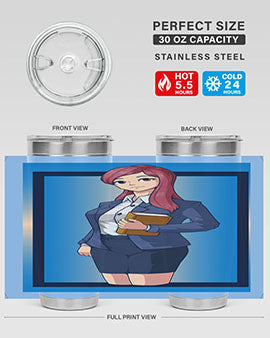 Beautiful Teacher Girl Anime Tumbler showcasing vibrant design and stainless steel construction, perfect for hot and cold beverages.