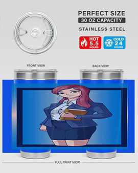 Beautiful Teacher Girl Anime Tumbler showcasing vibrant design and stainless steel construction, perfect for hot and cold beverages.
