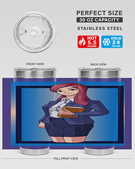Beautiful Teacher Girl Anime Tumbler showcasing vibrant design and stainless steel construction, perfect for hot and cold beverages.