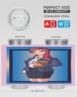 Beautiful Teacher Girl Anime Tumbler showcasing vibrant design and stainless steel construction, perfect for hot and cold beverages.