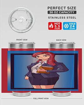 Beautiful Teacher Girl Anime Tumbler showcasing vibrant design and stainless steel construction, perfect for hot and cold beverages.