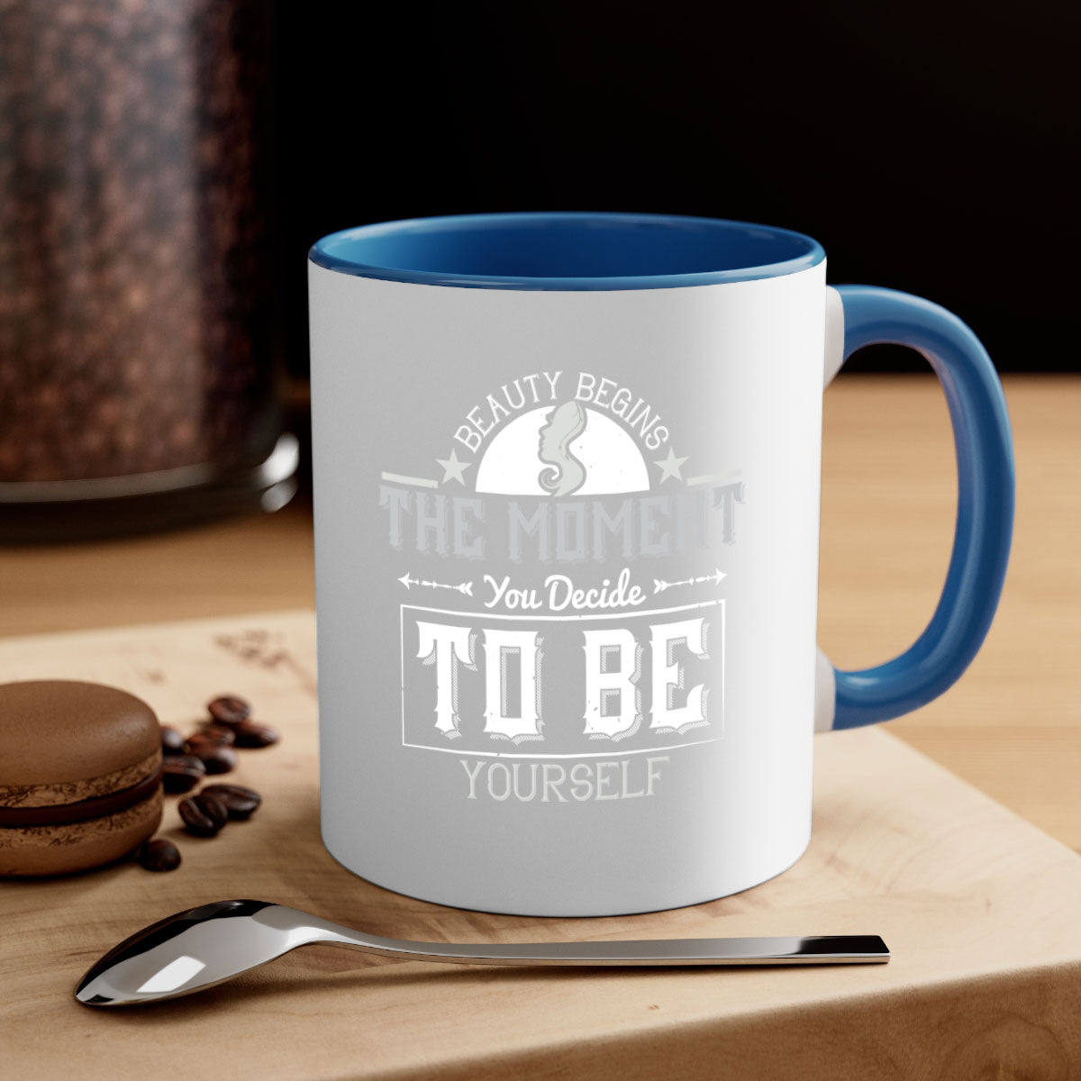 Beauty begins the moment you decide to be yourself Style 170# Mug featuring a two-tone design with a colored handle and glossy finish.
