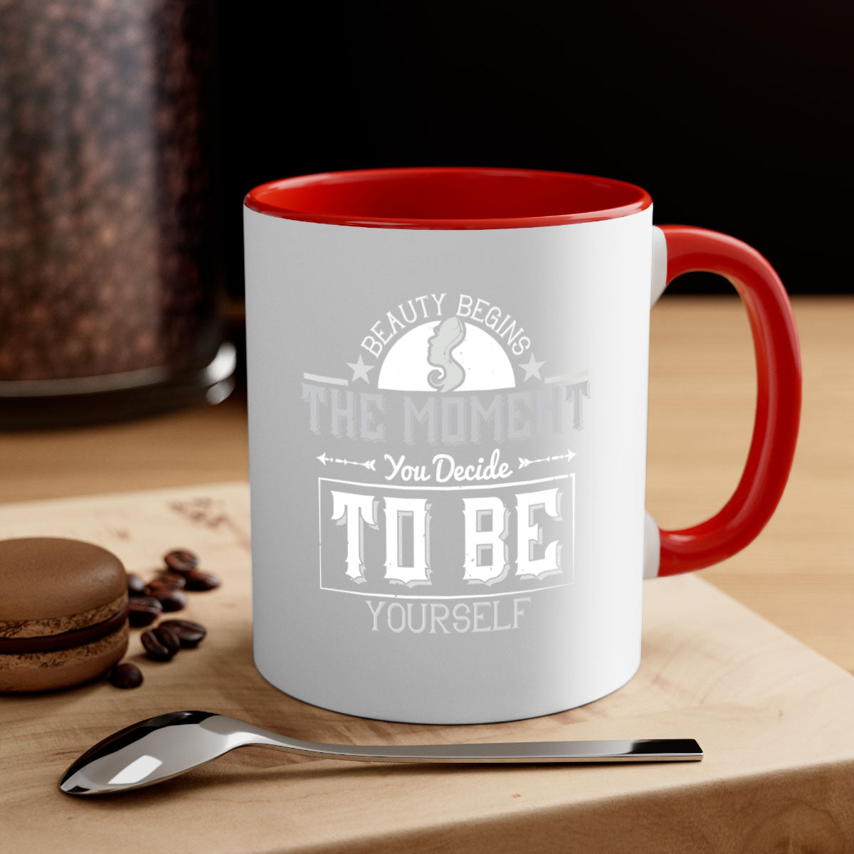 Beauty begins the moment you decide to be yourself Style 170# Mug featuring a two-tone design with a colored handle and glossy finish.