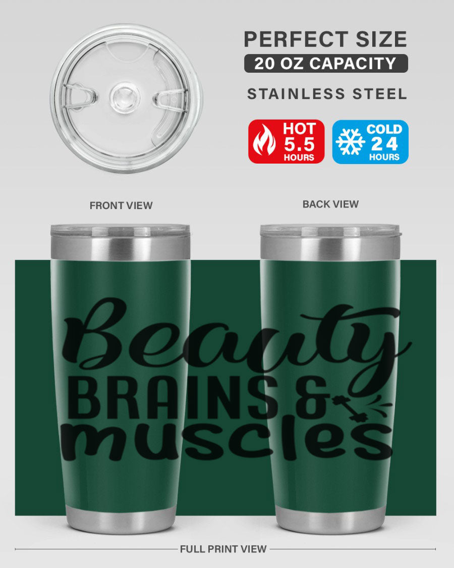 Beauty Brains Muscles 51# Gym Tumbler in stainless steel with a motivational design, perfect for hot and cold beverages.
