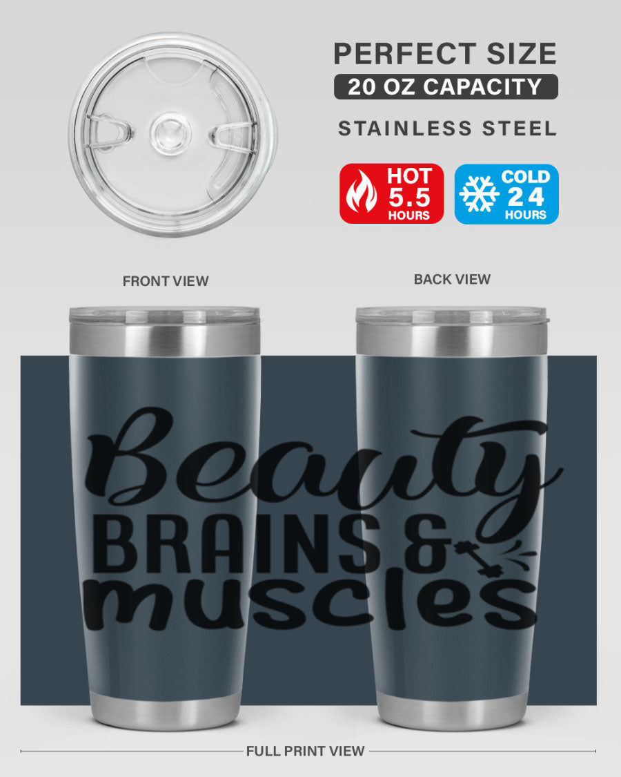 Beauty Brains Muscles 51# Gym Tumbler in stainless steel with a motivational design, perfect for hot and cold beverages.