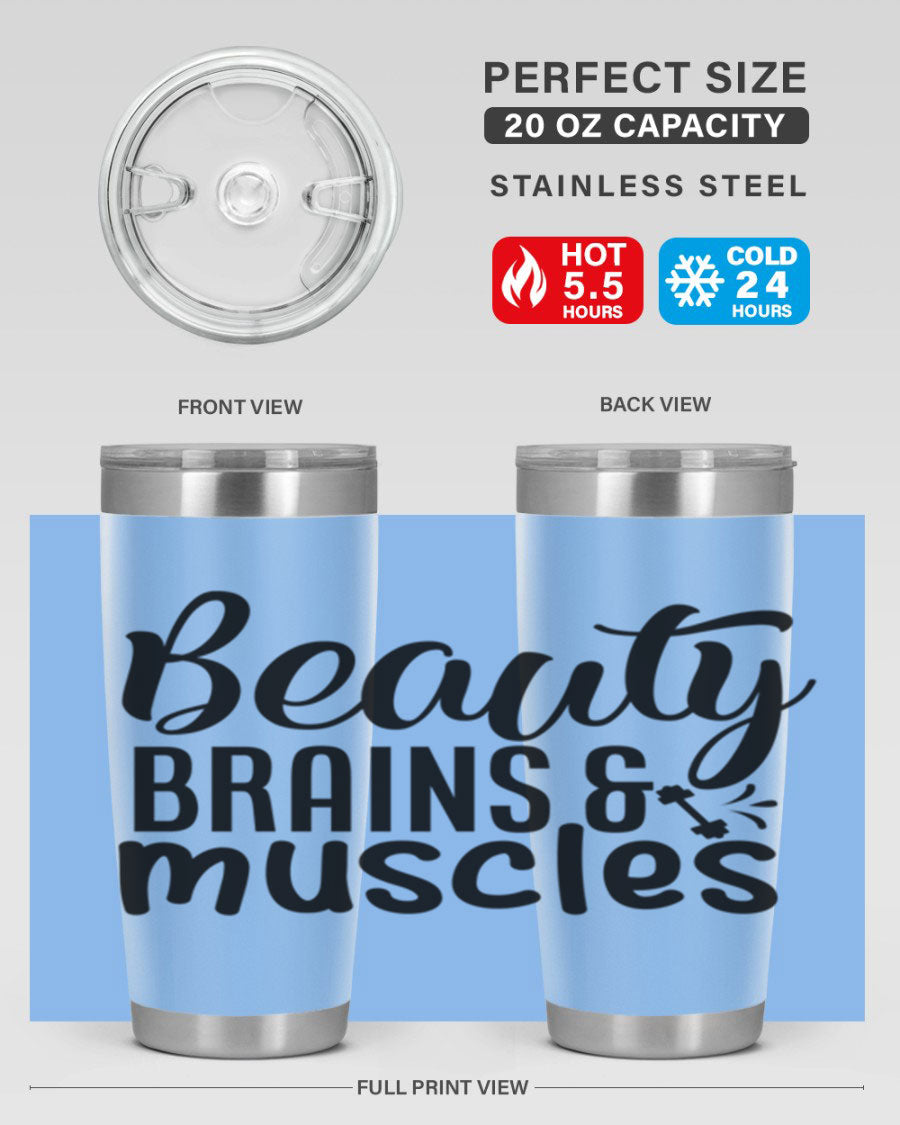Beauty Brains Muscles 51# Gym Tumbler in stainless steel with a motivational design, perfect for hot and cold beverages.